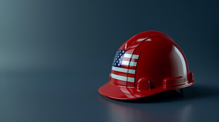 Fototapeta premium Red construction hard hat with USA flag decal on dark background and copy space for Labor Day marketing.