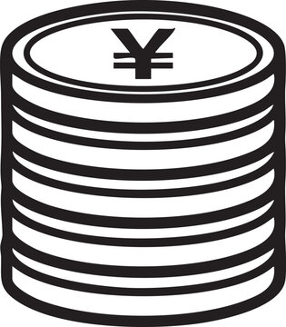 Yen currency stack, Japanese money coins, black and white vector icon, financial symbol