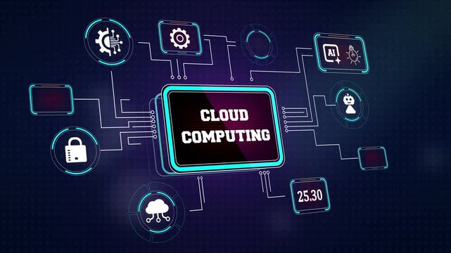 High tech cloud computing hud featuring automated data backup and cyber defense icons great for information technology projects and data center management content