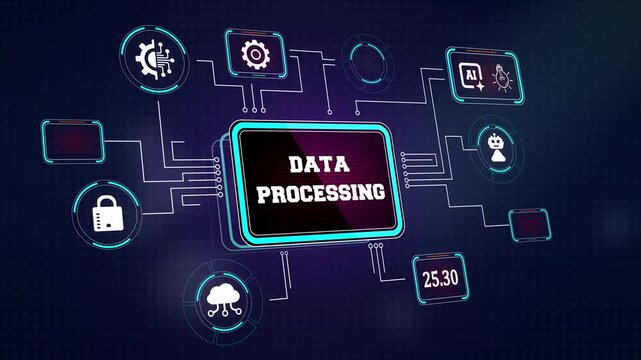 Efficient data processing interface showing real time network management and artificial intelligence nodes perfect for database administration and corporate software ads