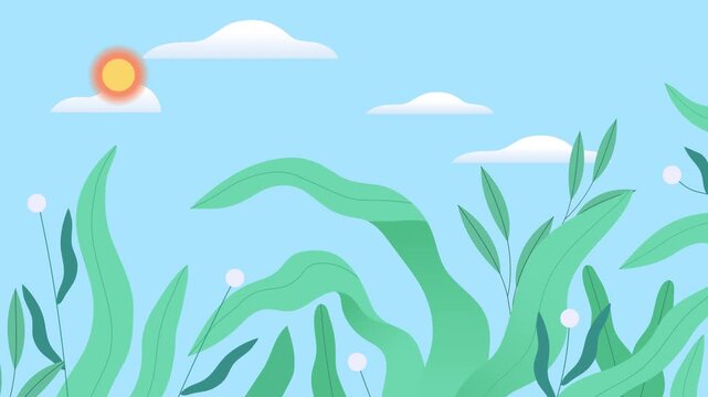 iry Spring Summer Nature Landscape Loop Animation Clean Sky Clouds Grass in Wind 2D Animated