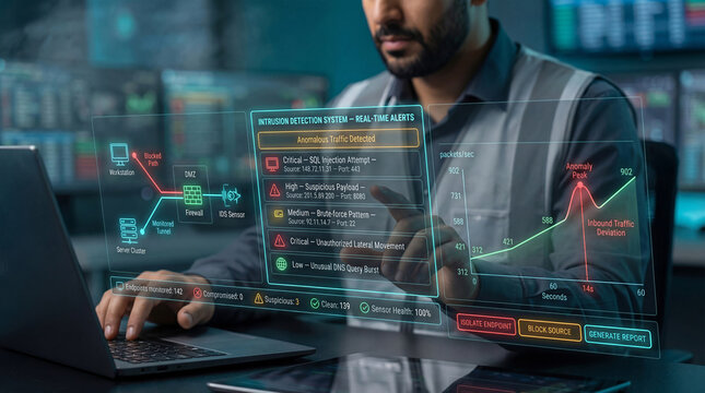 Indian cybersecurity analyst monitoring an Intrusion Detection System (IDS) for SQL injection, brute-force attacks and anomalous traffic using laptop and holographic virtual interface