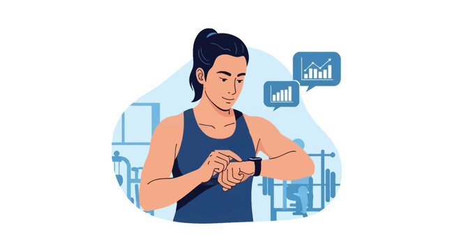 Female athlete in blue sportswear checking workout performance data on a smartwatch with floating bar charts and line graphs, gym background illustration on white background.