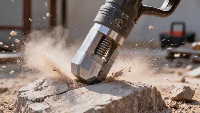 Close-up of a power jackhammer breaking a concrete stone with dust flying. Concept of construction work, demolition process, industrial power tools, and renovation