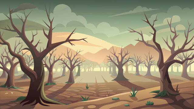Misty orchard with barren trees on a gloomy day
