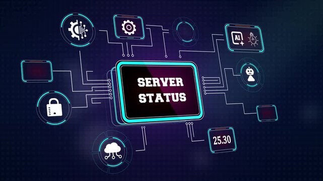 High tech server status hud featuring virtual network diagnostics and smart connectivity icons great for tech innovation and information technology documentaries