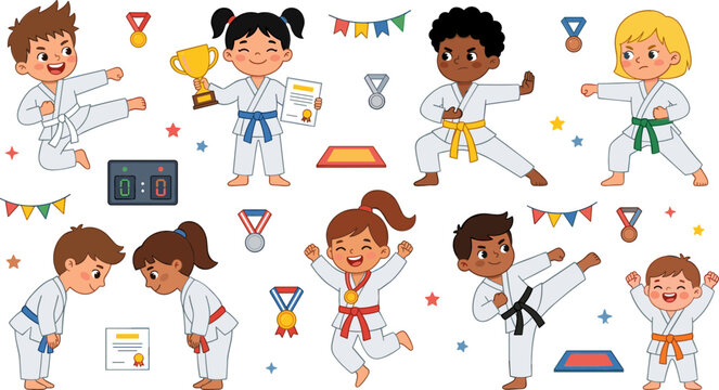 Cute kids karate martial arts collection featuring taekwondo training fighting poses medals trophies and championship activities in cartoon vector style.