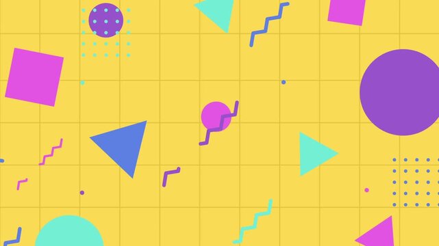 Vibrant memphis design, colorful geometric shapes, yellow background, abstract pattern