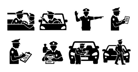 Police Officer Icons, Traffic Stop and Law Enforcement Vector Set, Law Enforcement Officer Actions and Duties Collection © Priyanka