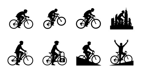 Silhouette Cyclist Collection, Diverse Bicycle Poses and Cityscape Scene, Vector Graphics for Sports and Urban Lifestyle Themes © Mohammad