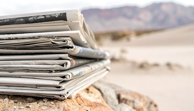Newspapers stacked on a rock desert.