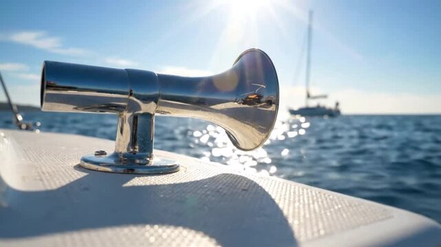 Polished chrome boat horn stainless steel cleat yacht deck nautical detail sea sunlight bokeh sailboat silhouette blue sky