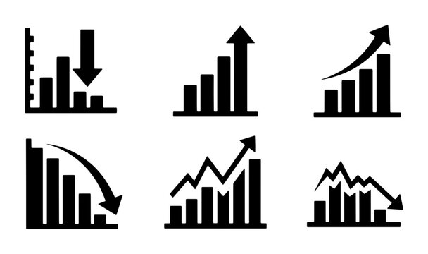 Business Growth and Decline Bar Chart Icons, Financial Trend Vectors, Upward and Downward Graph Set, Data Analysis Symbols, Economic Performance Illustrations