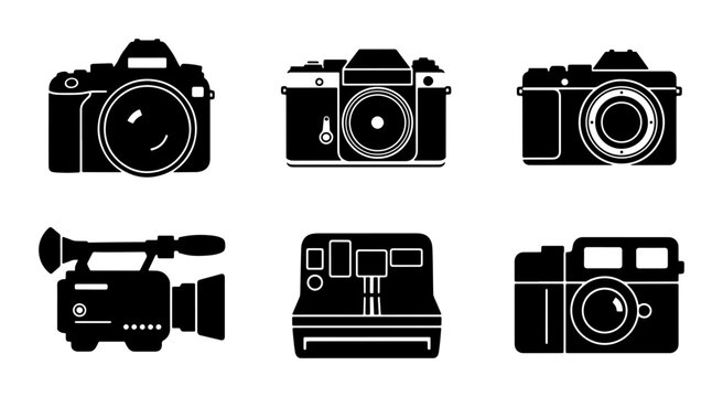 Retro Camera Icons Set, Vintage Photography Equipment Collection, Classic Film and Video Cameras, Digital Device Graphics