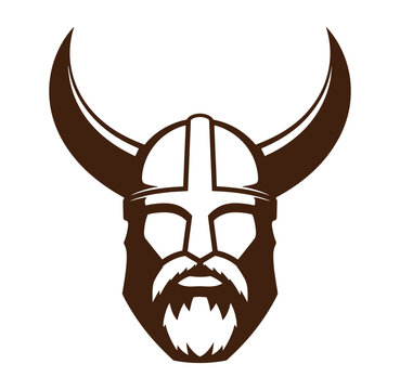 Viking warrior head with horned helmet and beard isolated on white background