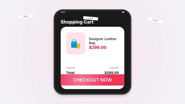 Shopping cart app interface showing product details and checkout button.