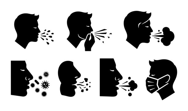 Sneeze and Cough Icons, Respiratory Illness Symptoms, Germ Spread, Medical Protection Vector Set