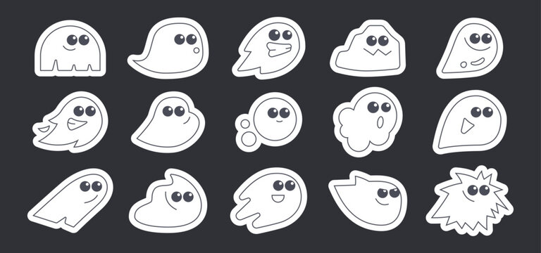 Conjunto de fantasmas kawaii. Representa personajes divertidos. Incluye esp&iacute;ritus, caricaturas, emociones, stickers, Halloween. Ilustraci&oacute;n vectorial