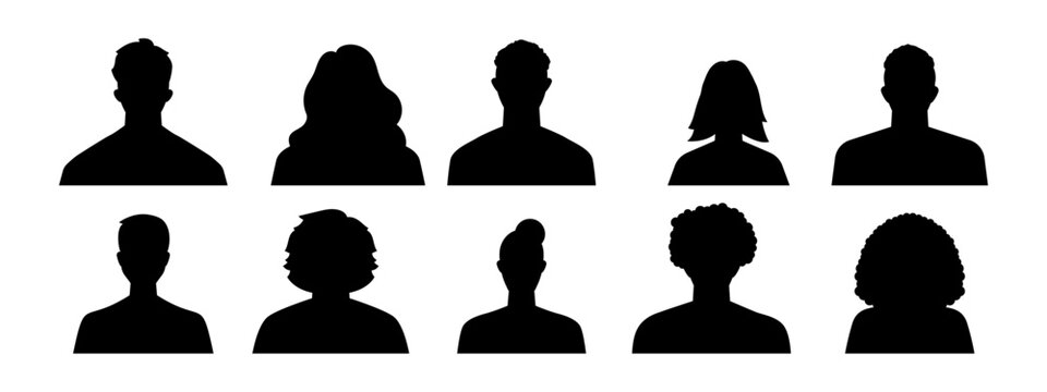 Conjunto de siluetas de personas. Representa perfiles humanos. Incluye hombres, mujeres, usuarios, avatares, diversidad. Ilustraci&oacute;n vectorial
