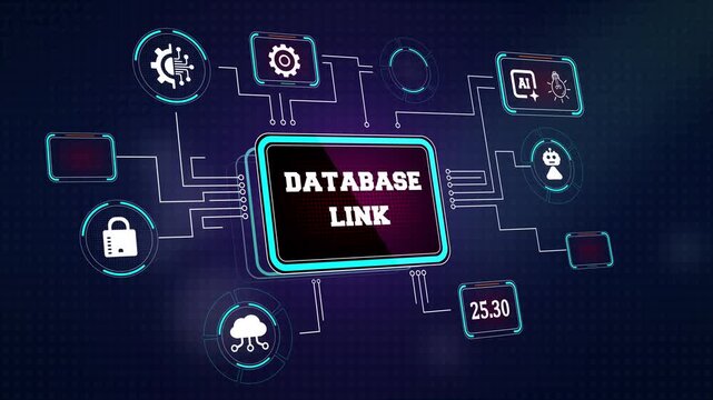 Modern database link interface showing automated network connectivity and secure data nodes perfect for corporate it infrastructure and software engineering ads