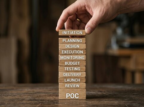 Human hand arranging wooden blocks with project management phases, on a rustic wooden table, innovation concept, detailed close-up, business project, planning process Concept