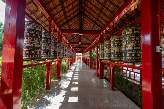 Prayer wheel corridor horizontal Buu Minh Pagoda Pleiku Vietnam