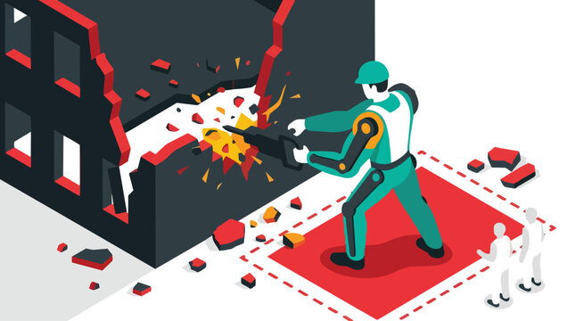 Robot worker demolishing a building with a jackhammer, symbolizing construction and destruction