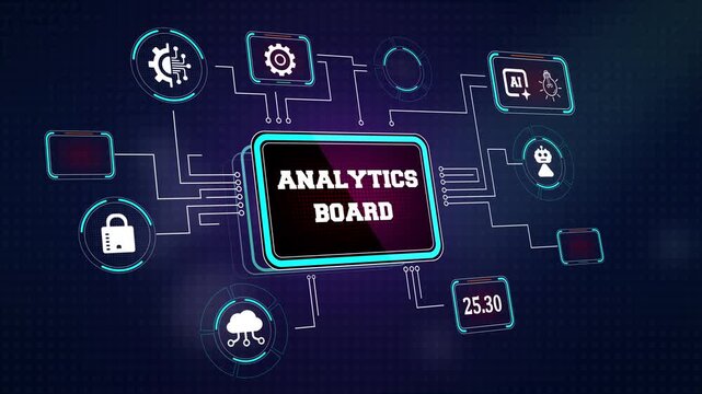 Digital analytics board visualization with glowing circuit board elements and automation symbols ideal for corporate technology presentations and software engineering videos