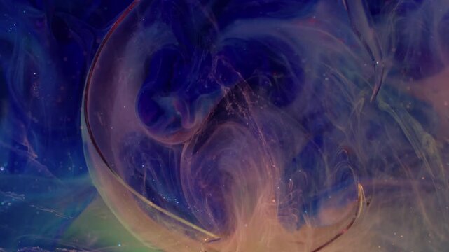 Ink haze steam. Glitter vapor. Defocused blue pink green colorful sparkling wet mix pigment filling broken glass on underwater abstract background.