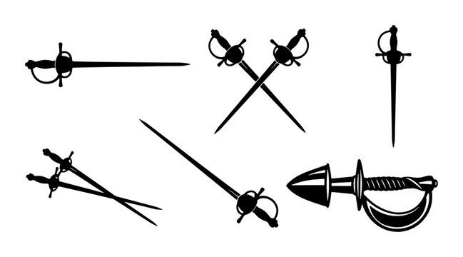 Rapier Sword Collection, Historical Fencing Weapons, Elegant Blade Designs, Vintage Combat Arms Vector Set