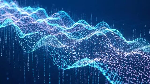 Abstract digital wave background with glowing blue particles and light