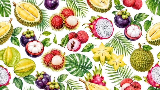 Seamless Pattern of Exotic Tropical Asian Fruits