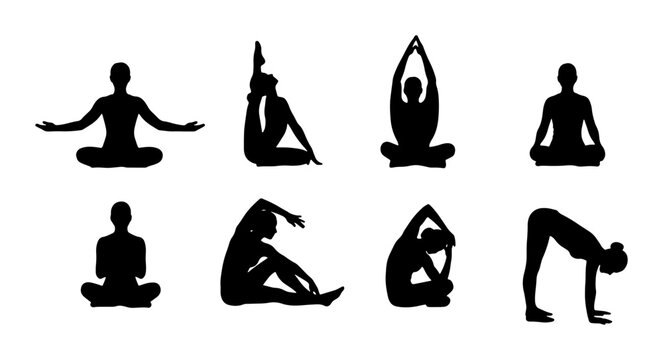 Yoga Poses Silhouettes Collection: Meditative Figures in Diverse Asanas, Wellness Icons for Health and Fitness Concepts, Vector Art
