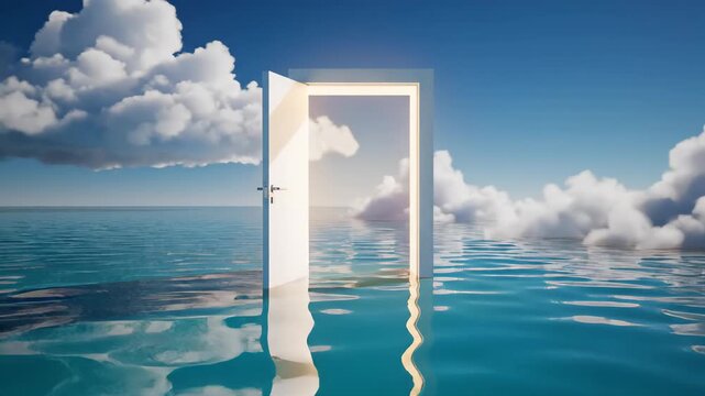 An open door floats on the ocean, reflecting sunlight and clouds in the water