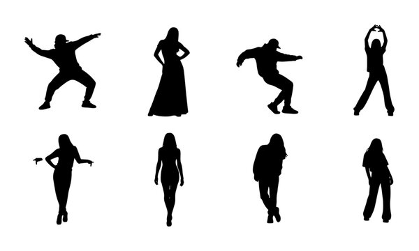 Diverse Human Silhouettes Collection, Dynamic Poses Vector Set, Modern People Icons for Web and Print Design
