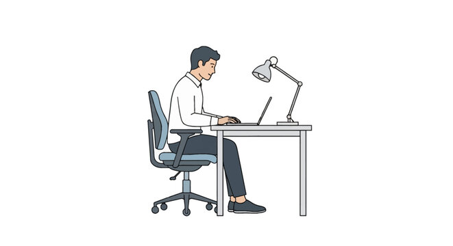 Vector illustration of a male office employee sitting with correct ergonomic posture at a desk using a laptop, showing healthy spinal alignment and proper desk setup on a white background.