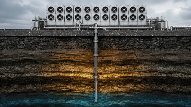 Underground geological storage system for carbon sequestration with direct air capture technology, showcasing innovative environmental solutions