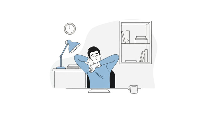 Vector line art illustration of a male employee sitting at a desk stretching his arms and shoulders, featuring a desk lamp, bookshelf, and clock in a minimalist office setting.