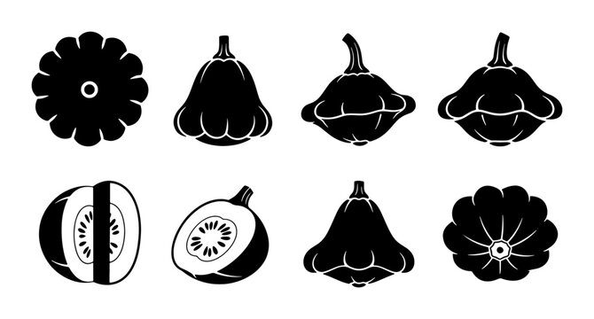 Pattypan Squash Collection, Summer Squash Variety Icons, Fresh Vegetable Silhouettes, Healthy Food Graphics, Culinary Ingredient Vector Set