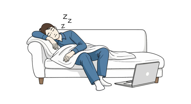 Full-length vector illustration of a tired man in blue loungewear sleeping on a white sofa with a white blanket, featuring a laptop on the floor and "ZZZ" symbols above his head.