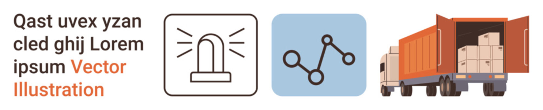 Logistics, transportation, data management, supply chain, alert systems, shipping. A delivery truck loaded with cargo, an alert icon and a connectivity diagram. Logistics and transportation