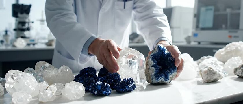 Scientist geologist in lab coat examining crystal and mineral samples