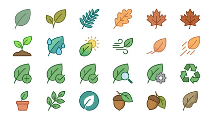 Set of colorful leaf icons depicting various concepts and plant life forms © wiski