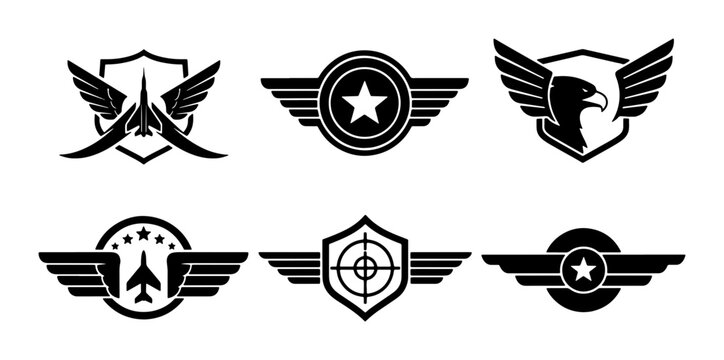 Military Aviation Badges Set, Jet Fighter Emblems, Eagle Crests, Target Insignias, Winged Symbols Collection, Vector Graphics