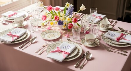 Fototapeta premium Elegant Spring Table Setting with Floral Centerpiece and Fine China
