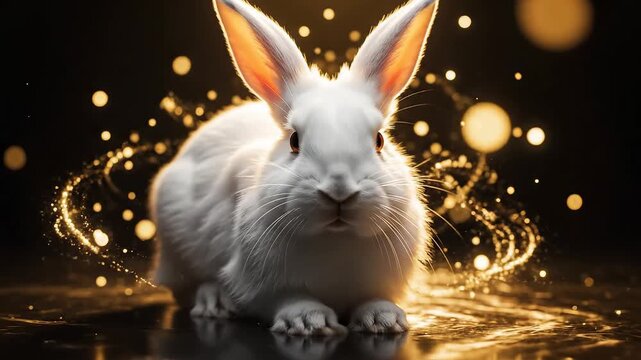 White rabbit on reflective surface ideal for sleek commercial backgrounds and title sequences