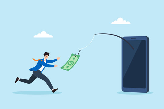 Flat illustration of businessman chasing dangling money bait from giant smartphone symbolizing online scam digital fraud phishing cybercrime financial deception and internet risk