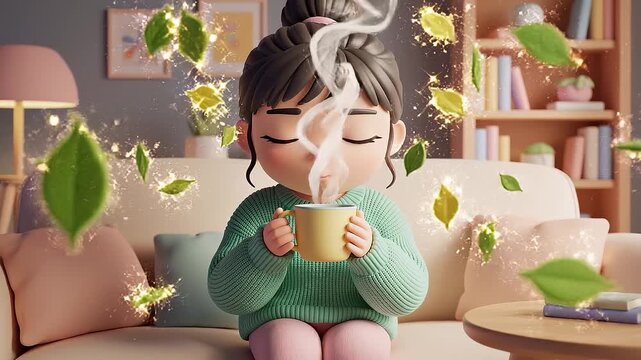 Adorable 3D character sits on a sofa holding a steaming yellow mug. Glowing green tea leaves float in the air of a cozy room. Great for wellness, healthy lifestyle, or relaxation content.