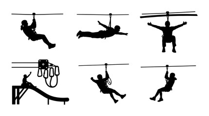 Zipline Adventure Silhouettes, Extreme Sports Action Icons, Outdoor Recreation Vector Set, Thrill Seeker Activity Graphics © Shafayet