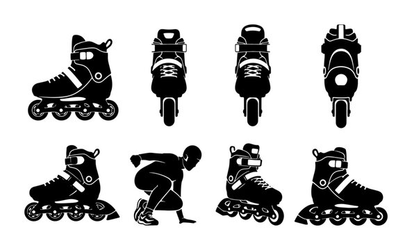 Inline Skates Vector Icons Set, Rollerblade Sport Equipment, Action Figure Silhouette, Black and White Graphics for Web and Print